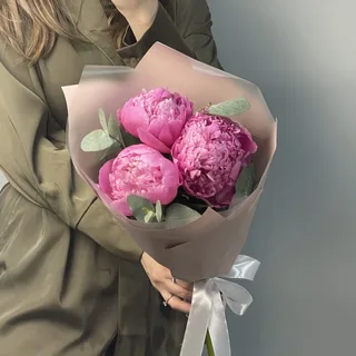 Букет из 3 ярко-розовых пионов и эвкалипта